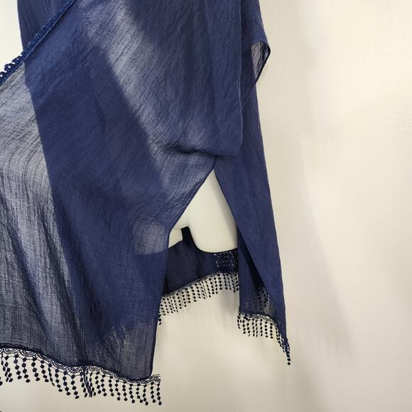 Steve Madden Cover Up Sheer Lace Inset Blue Kimono One Size Fringe Beach Swim - Picture 8 of 12